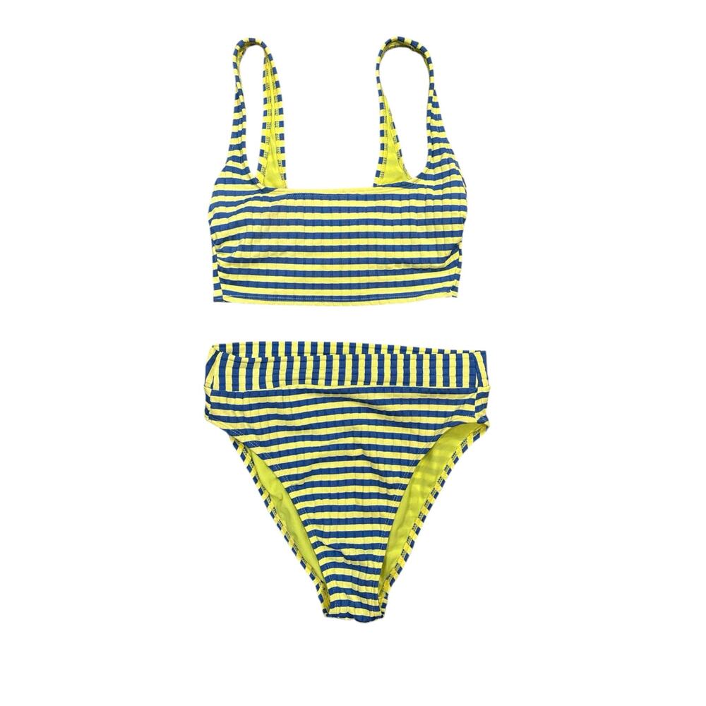 2 piece tank top lined bikini blue and yellow striped women’s small